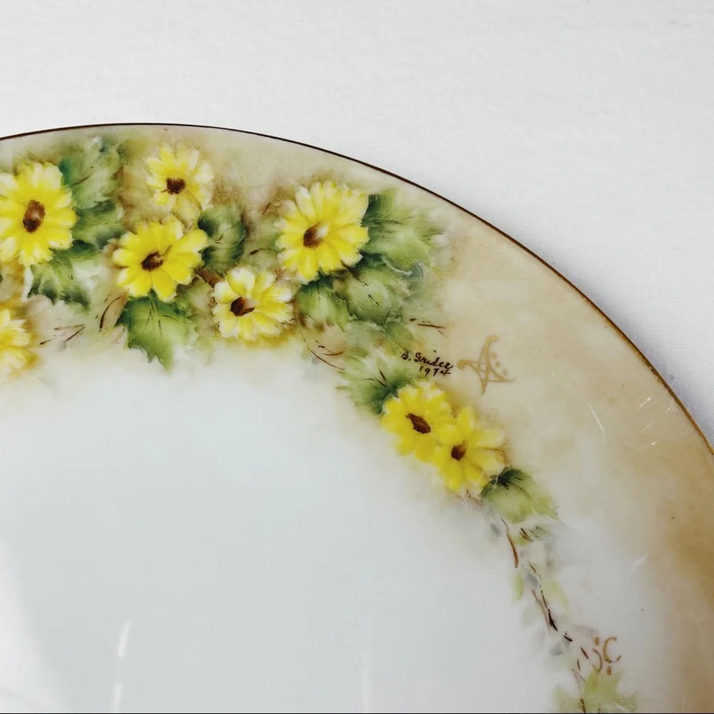 Vintage 1974 Betty Grider Hand Painted Yellow Floral Plate